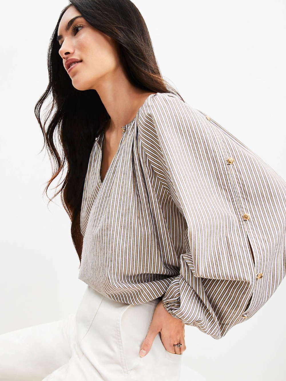NWT LOFT Metallic Shimmer Striped Button Sleeve Blouse M